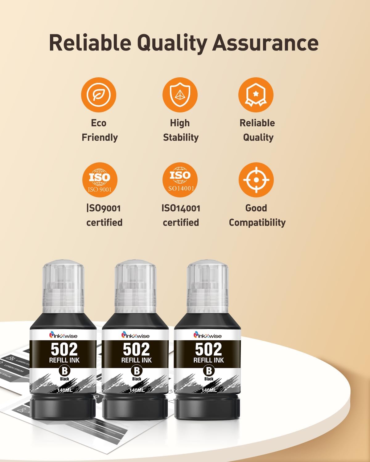 Compatible Replacement for 502 Pigment Black Ink Refill Bottles Replacement for Epson 502 Ink for Ecotank ET 2850 ET 3850 ET-4760 ET-2760 ET-3830 ET 15000 ET-3843 Printers (Black, 3-Pack)