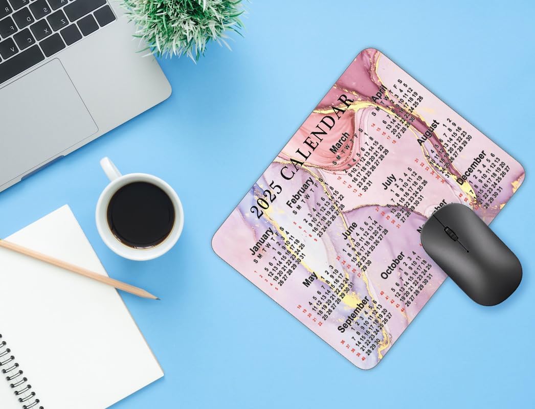 Calendar Mouse pad, 2025 Pink Marble Pattern Natural Rubber Quality Creative Gaming Mouse Pad Rectangle Mouse Personalized Desk Mouse Pad 9.5 inch x 7.9 inch