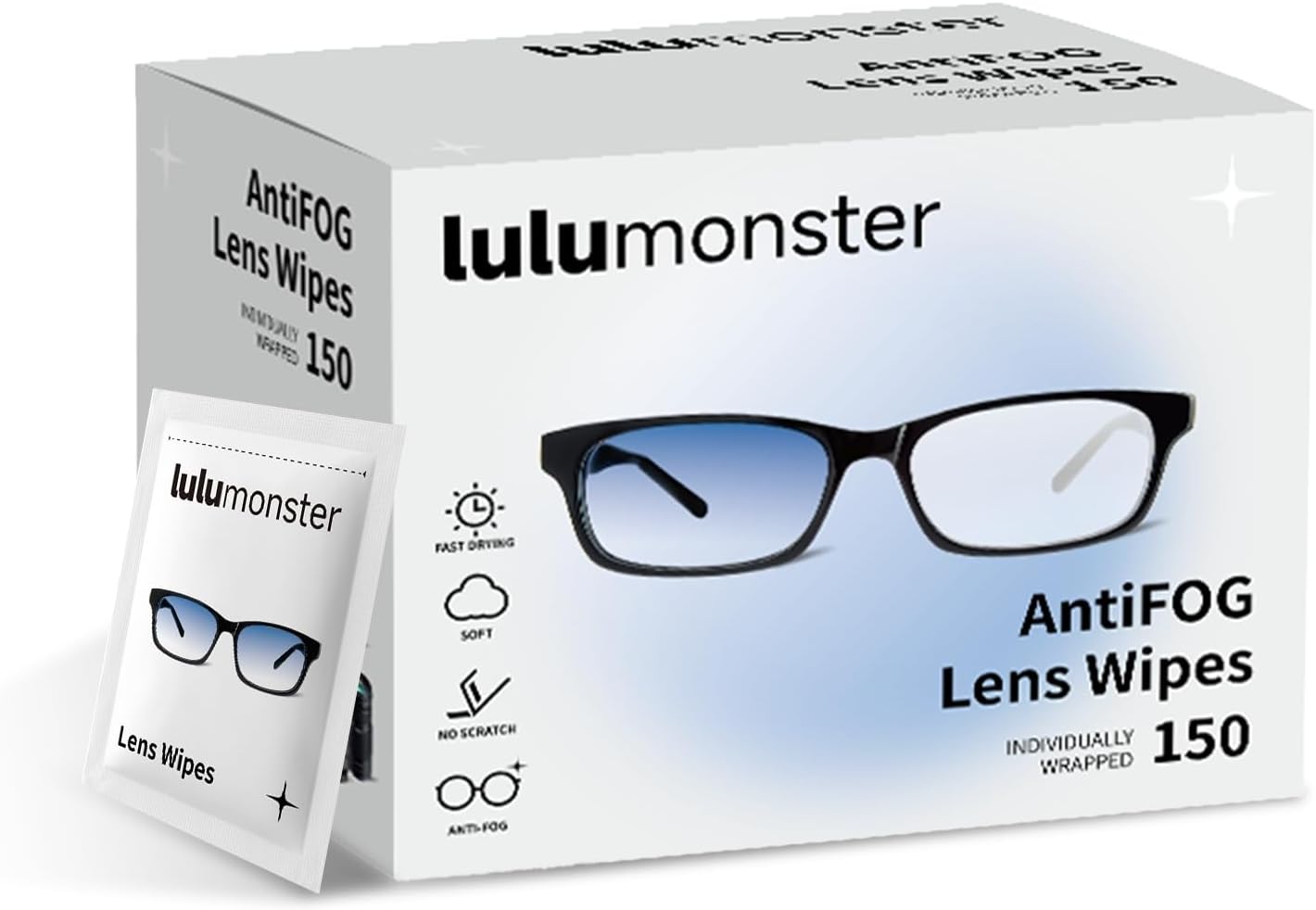 Anti Fog Lens Wipes for Eyeglasses, [150 Pre-Moistened Individually Wrapped Wipes] [Non-Scratching & Non-Streaking] Cleaner Wipes for Glasses, Sunglass, Phone Screen Camera Lens, Goggles