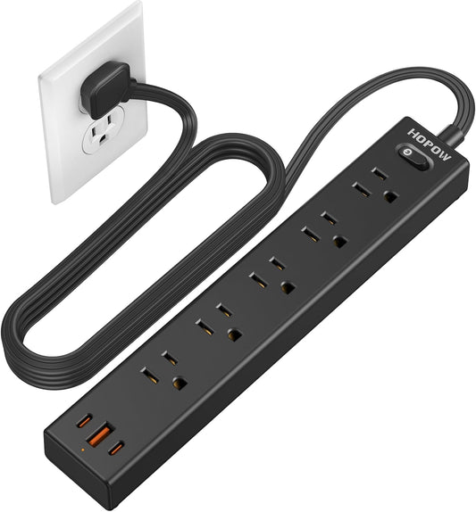 Flat Plug Power Strip, 6 Ft Ultra Thin Extension Cord, Surge Protector with 5 Outlets & 3 USB Ports (2 USB C), 1700 Joules, Wall Mount, Desktop Charging Station for Home Office Dorm, Black