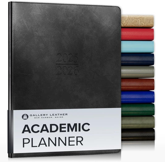 Gallery Leather Academic Planner 2025-2026, Teacher and Student Weekly Monthly Planner, Elegantly Bound Calendar with Gold-Gilded Page Edges, 18 Months - Acadia Black - 9x7"