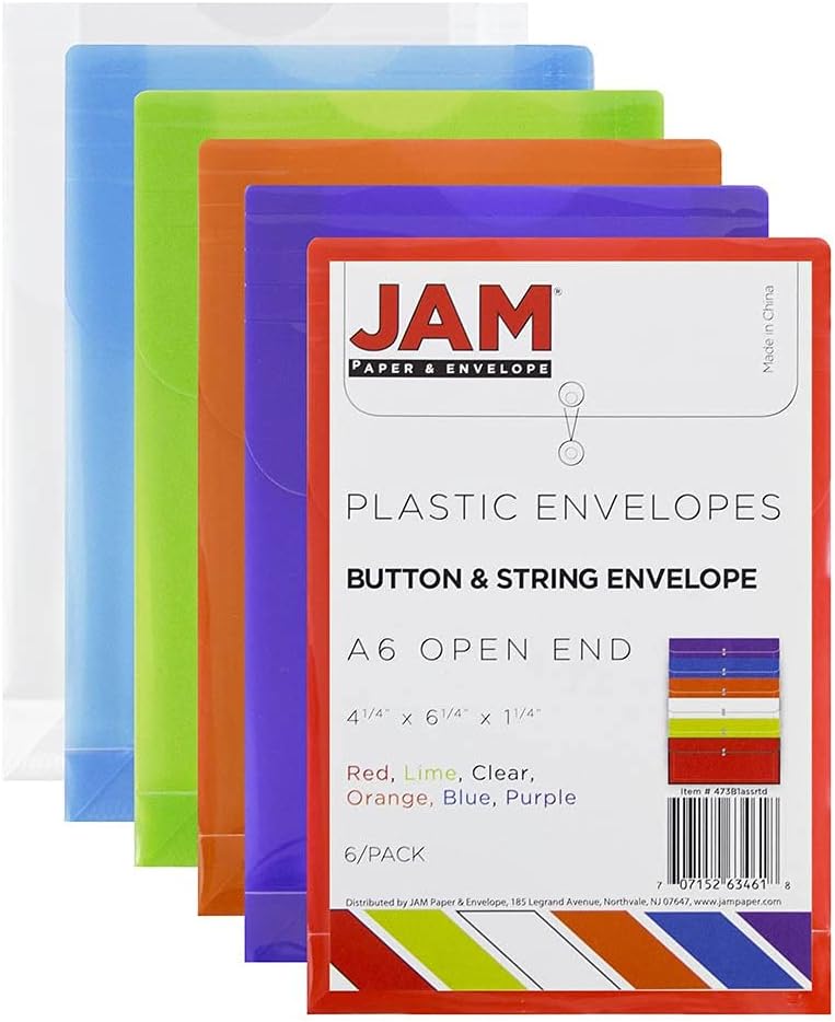 JAM PAPER Plastic Envelopes with Button & String Tie Closure - 4 1/4 x 6 1/4 - Assorted Colors - 6/Pack