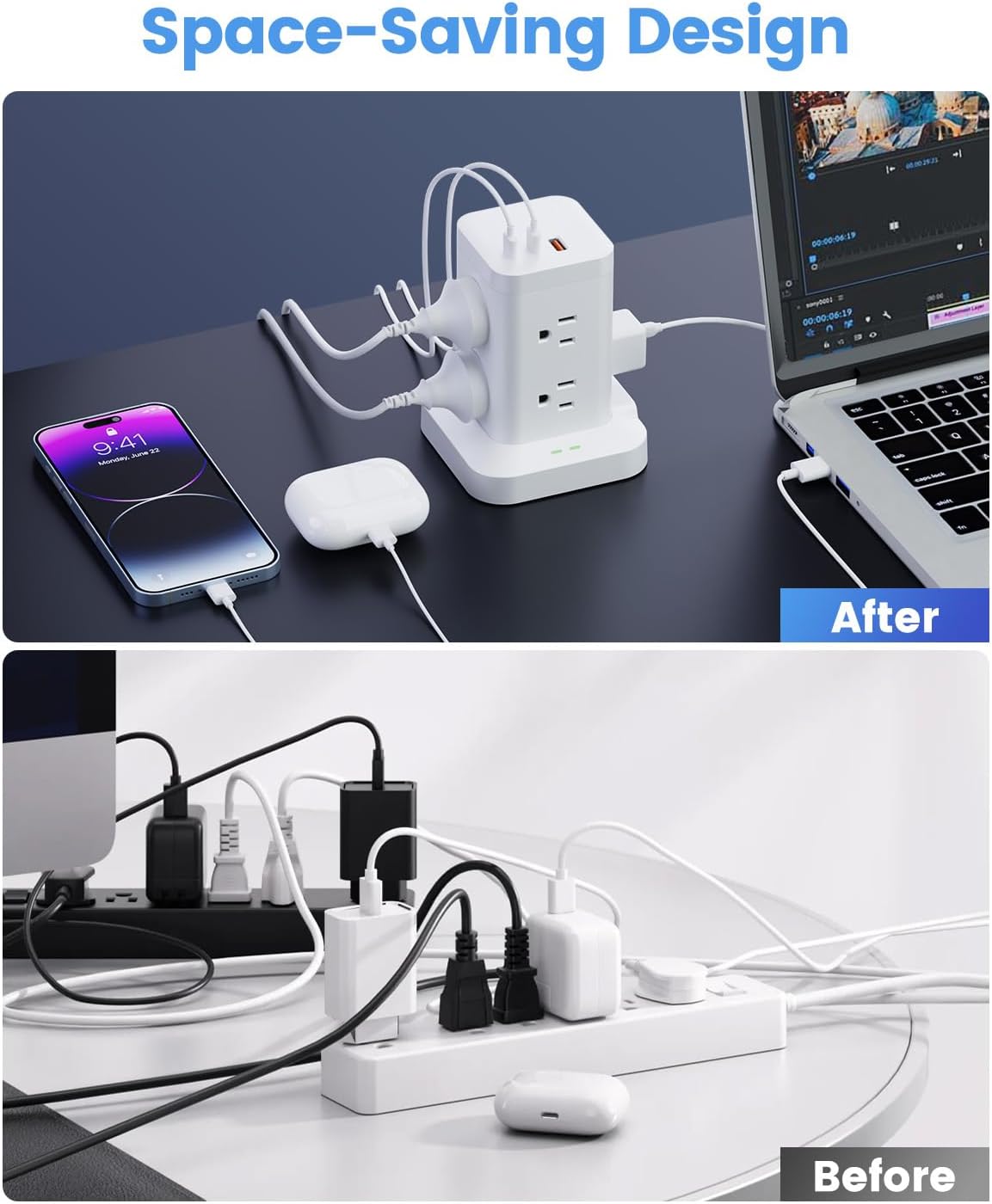 11-in-1 Power Strip Tower with Surge Protector 1800J, Fast Charging Tower PD20W USB-C Ports with 8 AC Outlets, 6ft Extension Cord for Home Office Dorm Room, White