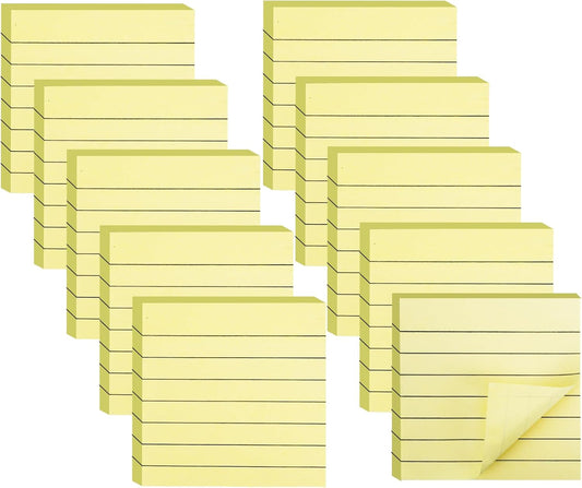 10 Pack Lined Sticky Notes 3x3 Inch 800 Sheets Yellow Self-Stick Note Pads, Sticky Notes with Lines Super Sticky Easy Remove for School Office Meeting