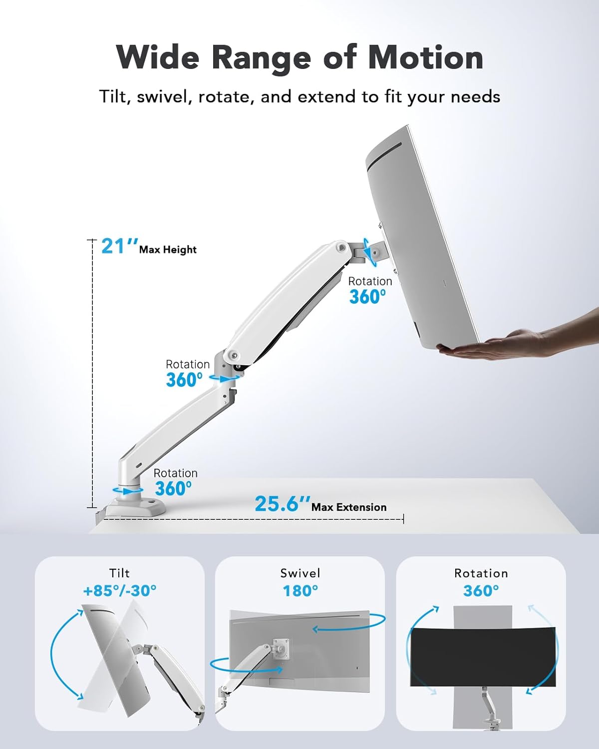 HUANUO Single Monitor Arm for 40 inch Screens, Ultrawide Computer Monitor Mount Holds 26.48 lbs, Upgraded Adjustable Stand with USB, C-Clamp & Grommet Base, VESA 75x75 or 100x100mm