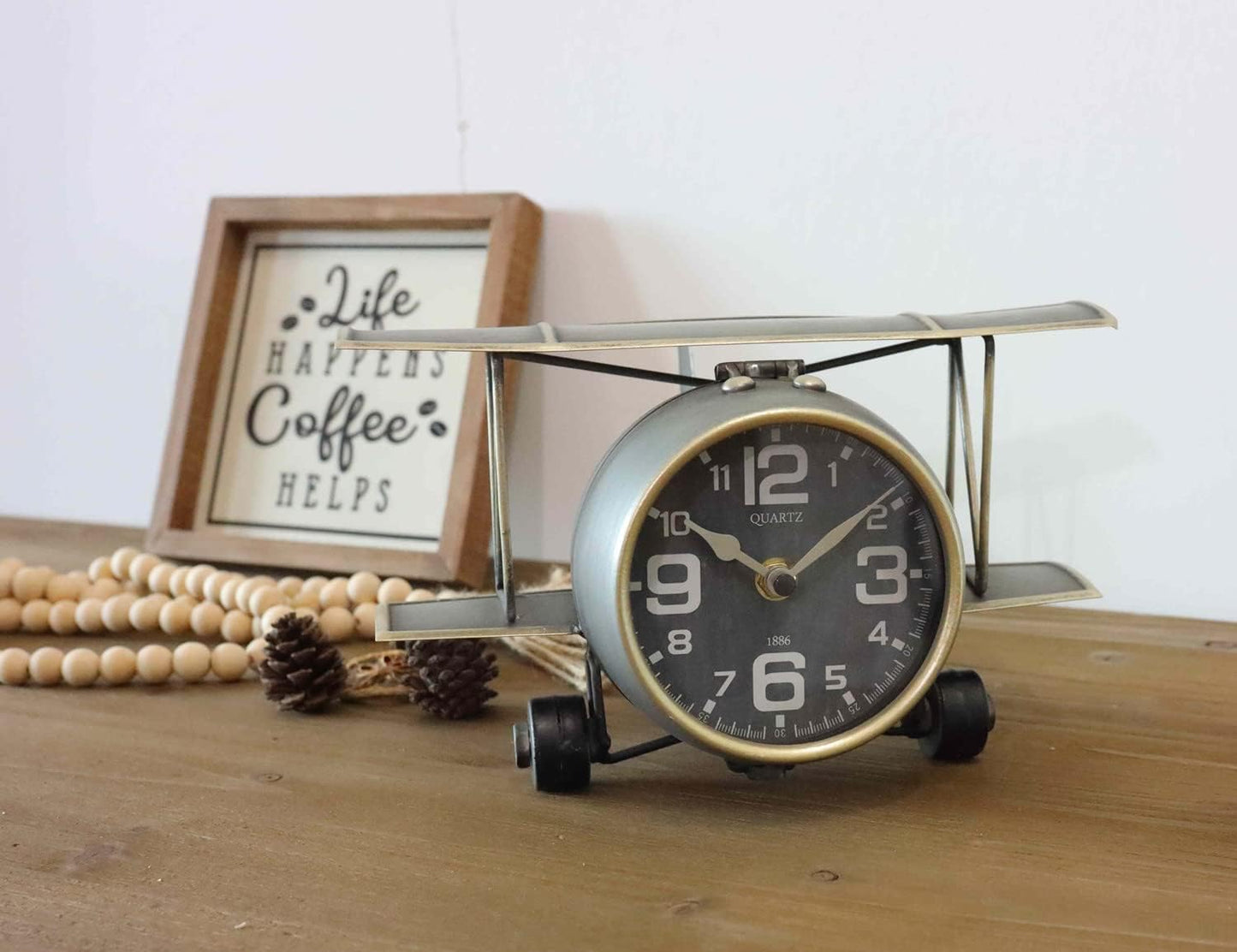 Airplane Metal Tabletop Clock Industrial Home Decor Accents for The Mantel, Shelf, Desk, or Any Table Top, Battery Operated No Battery Supplied