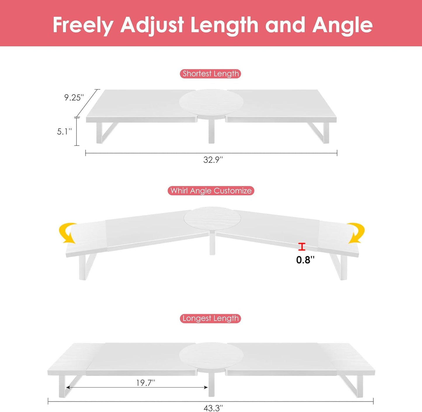 Dual-Monitor-Riser-Stand-For-Desk, Large Monitor Stand Riser For 2 Monitors With Adjustable Length Angle, Double Computer Riser For Desktop Organizer, Monitor Shelf Riser