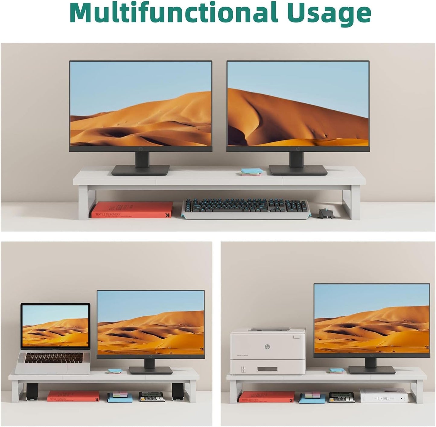 Dual Monitor Stand Riser, 39Inch Large Monitor Stands for 2 Monitors, Computer Monitor Stand, Wooden Desktop Oraganizer Shelf for Office Desk Computer,Laptop,TV