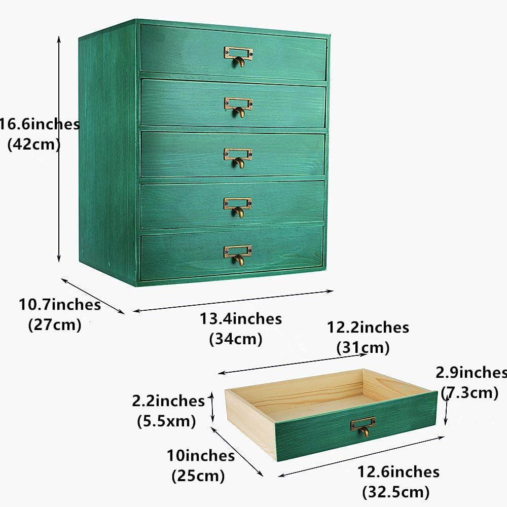 Desktop Drawer Organizer - Large Wooden Drawers Vintage Box with Drawers Paper Storage File Folder Organizer Library Card Catalog Cabinet (L-GREEN)