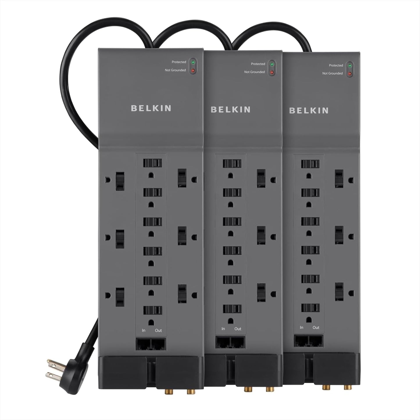 Belkin 12-Outlet Power Strip Surge Protector with 10-Foot Cord and Telephone, Ethernet, Coaxial Protection, BE112234-10, Gray -(Pack of 3)