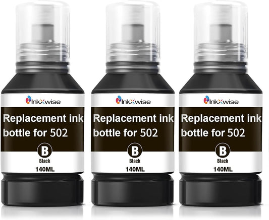 Compatible Replacement for 502 Pigment Black Ink Refill Bottles Replacement for Epson 502 Ink for Ecotank ET 2850 ET 3850 ET-4760 ET-2760 ET-3830 ET 15000 ET-3843 Printers (Black, 3-Pack)