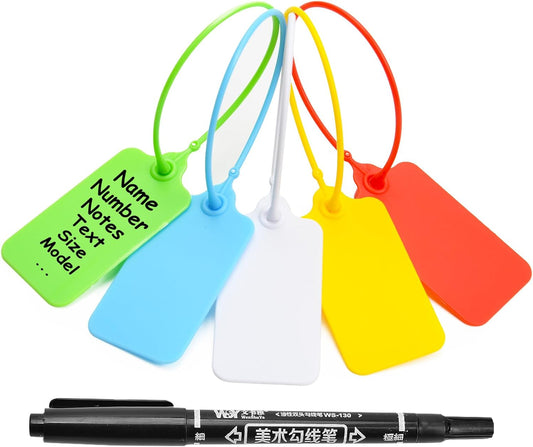 50 Blank Plastic Tags for Labeling Waterproof Hanging Labels Writable Tags Seal Plastic Marking Label for Clothes Bags Keys Inventory with One Marker Pen (Mixed 5 Color)