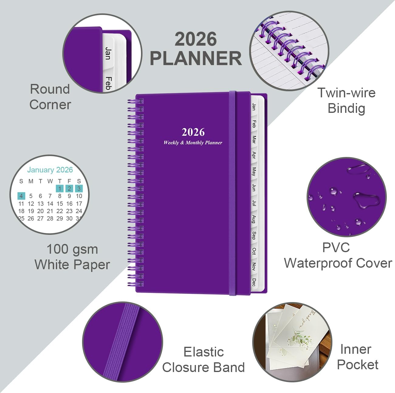 2025-2026 Pocket Planner/Calendar - 2025-2026 Planner from July 2025 - June 2026, Planner 2025-26 with 12 Tabs, Twin-Wire Binding, Inner Pocket, 3.75" x 6.75, Purple