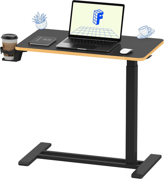 FLEXISPOT Mobile Standing Desk with Wheels Pneumatic Laptop Desk Rolling Computer Cart Movable Height Adjustable Small Sit Stand Desk Computer Workstations Home Use（27.6" W x 15.7" D, Black+Maple