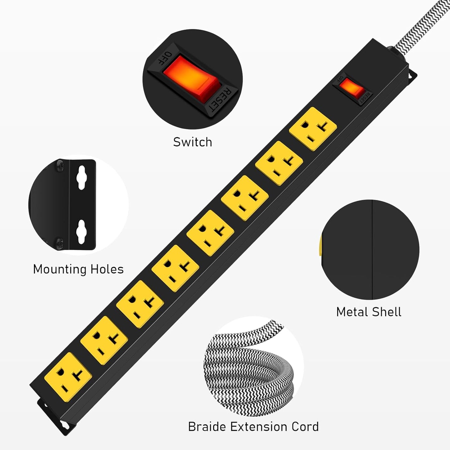 20Amp Power Strip Surge Protector, Durable Metal 8-Outlets with Heavy Duty 20 amp 10Ft 12 Gauge Extension Cord for Garage Workshop & Industrial Use, 1200J