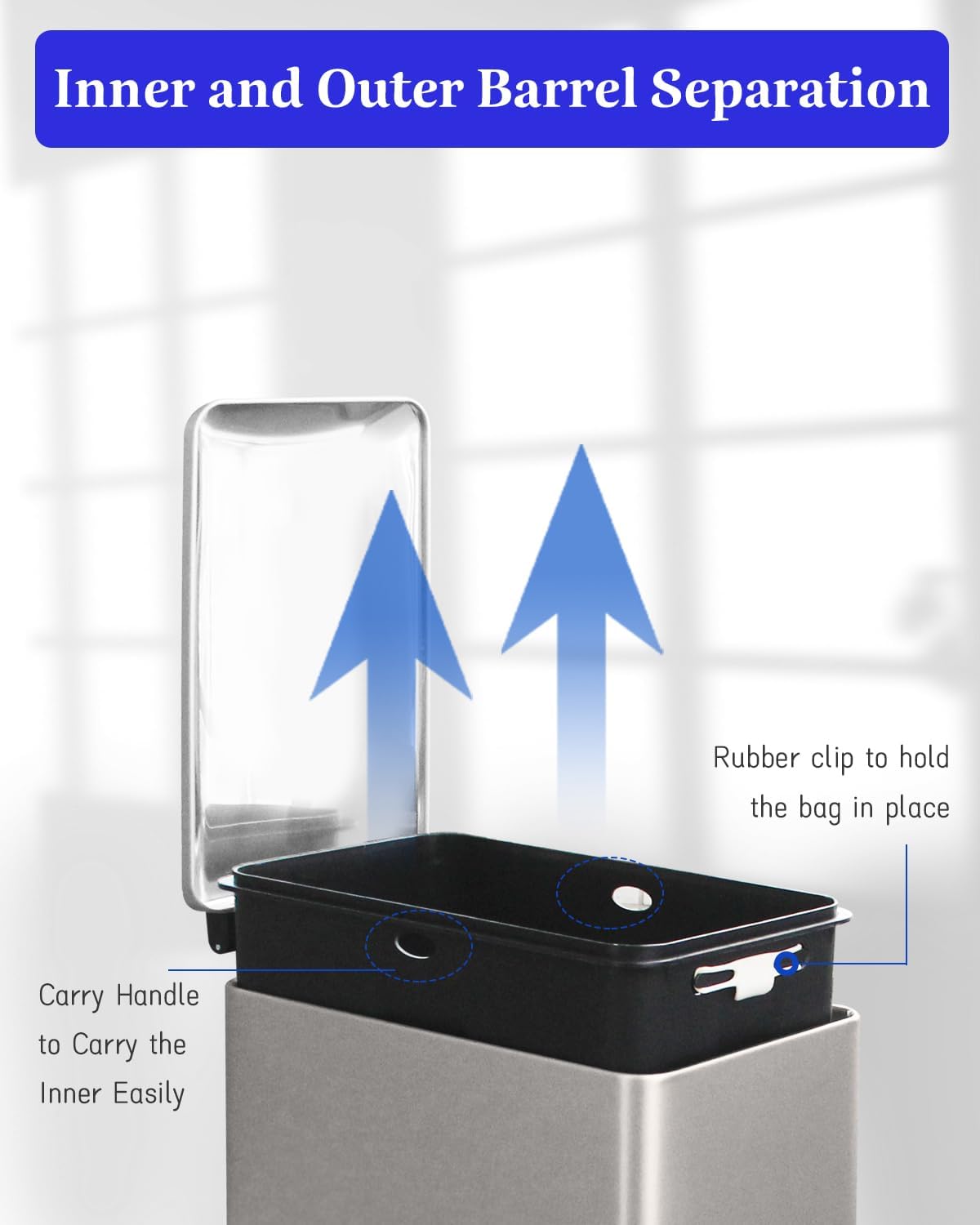 Grey Trash Can, 2.6 Gallon Bathroom Trash Can with Lid, Stainless Steel Garbage Can with Removable Liner, 10 Liter Rectangle Step Trash Bin for Office, Kitchen, Bedroom, Living Room, Dorm