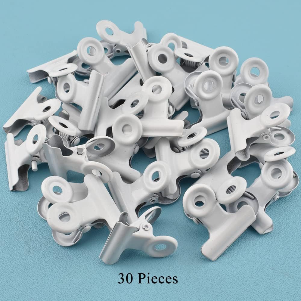HAHIYO 0.87inch White Bulldog Clips Metal File Hinge Binder Clips Clamps Save Space Strong Spring Jaws Rock Solid Grip Book Lay Flat Deburred Edge for Hang Photos Wall Grid Dog Food 30PCS