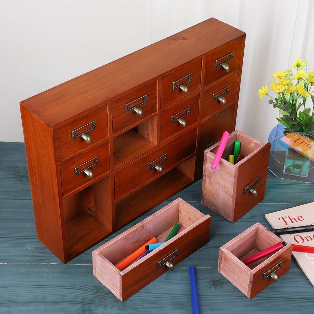 12 Drawers Apothecary Cabinet with Drawers Tabletop Apothecary Drawers Library Card Catalog Cabinet Medicine Cabinets Wood Desk Organizer Wooden Storage Box (Brown)