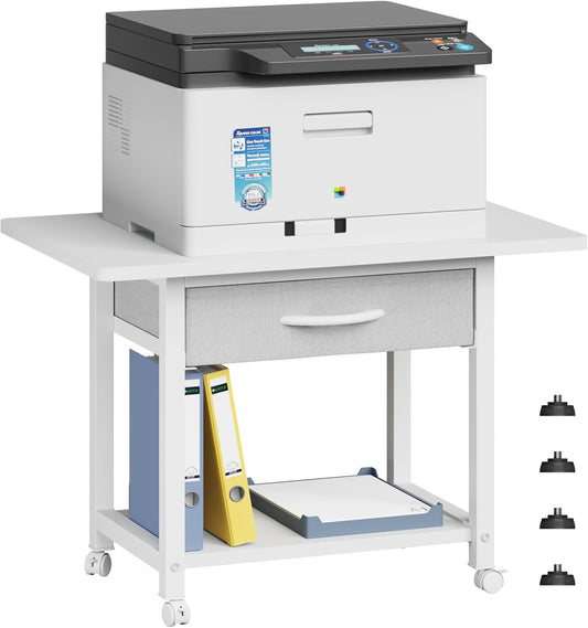 22"x15" Large Printer Stand with Storage Drawer, 2-Tier Under Desk Table for Home Office, Fits Fax Machine/3D Printer/Scanner (White)