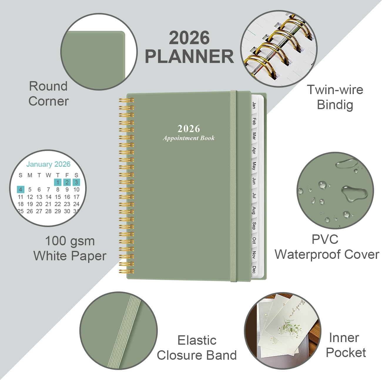 2026 Appointment Book & Planner - Hourly Planner from January 2026 - December 2026, Weekly Appointment Book 2026 with 30-Minute Interval, 6.4" x 8.5", Green
