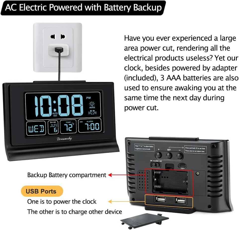DreamSky Alarm Clocks for Bedrooms with Battery Backup, Auto Set Digital Clock with Date and Day of Week, Temperature, USB Port, Auto DST, Dimmer, 12/24H