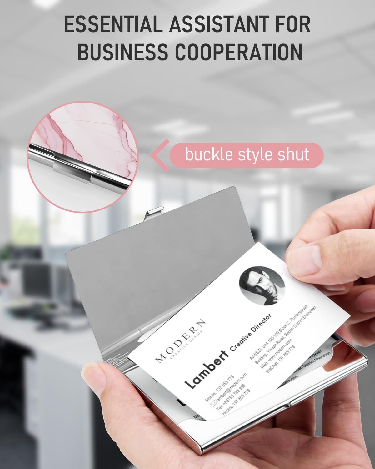 Business Card Metal Slim Organizer, Professional Stainless Steel Square Pocket Wallet for Office Workers, Compact and Portable for Pockets (Pink Marble