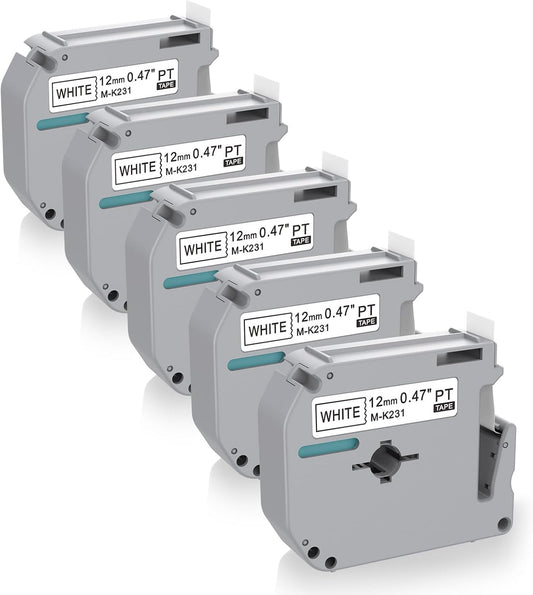 5 x Label Maker Tape Replacement for Brother P Touch M Tape M-K231 M-K231s MK231 MK-231 M231 12mm 0.47 White, Compatible with Brother P Touch PT-M95,PT-90,PT-70,PT-65,PT-85 Label Maker Refills,26.2 Ft