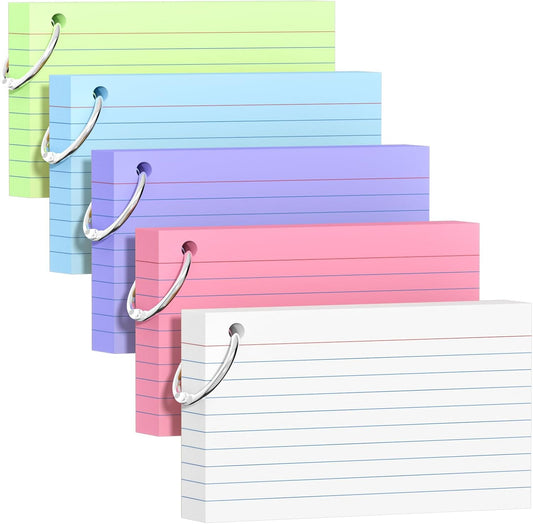 250 Count Colored Index Cards 3x5 Inch with Key Ring, 180gsm Heavy Weight Flash Cards 5 Color (50 Sheets Each), Portable Note Taking for Students, Teachers, Study Note Cards for Office Home School