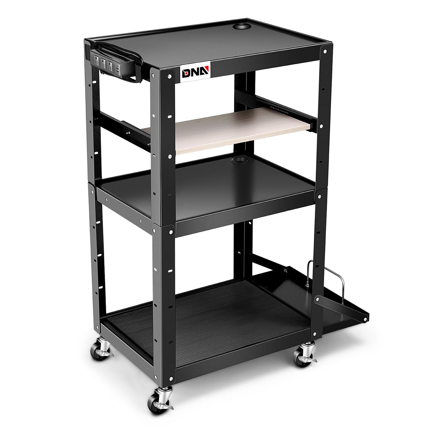 DNA MOTORING Steel AV Cart 3-Layer Rolling Projector Utility Cart, 24" X 18" X 24.6"- 42.5" Height Adjustable, with Wheels, Pullout Keyboard Tray, Power Strip, Cord Management, TOOLS-00497