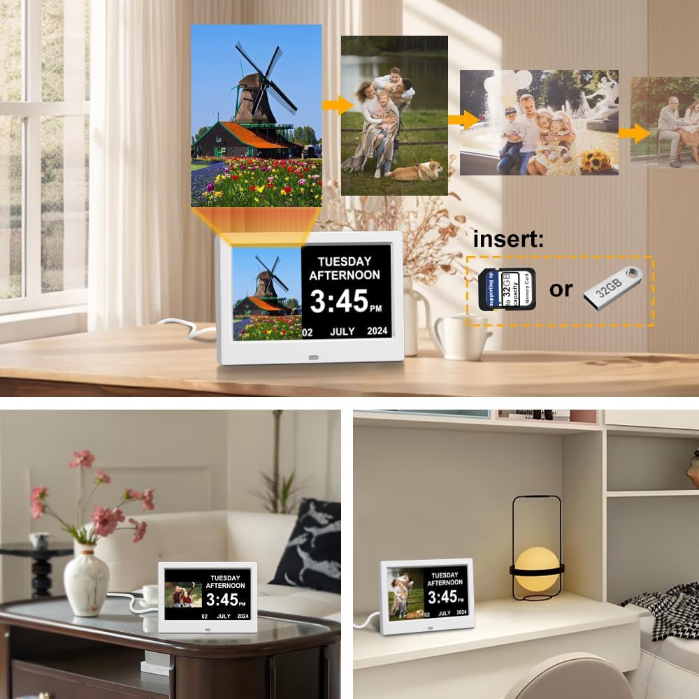 Alarm Clock with Day and Date for Elderly Digital Calendar Clock Photo Frame- Auto Dimmable Display 15 Alarm Options (7inch White)