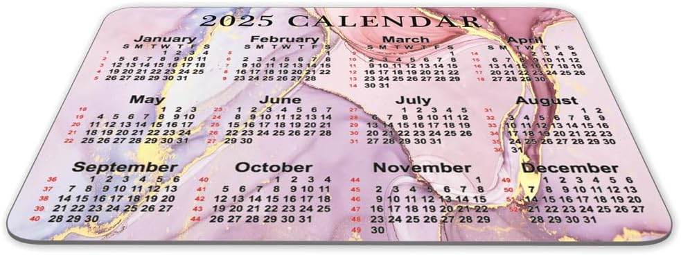 Calendar Mouse pad, 2025 Pink Marble Pattern Natural Rubber Quality Creative Gaming Mouse Pad Rectangle Mouse Personalized Desk Mouse Pad 9.5 inch x 7.9 inch