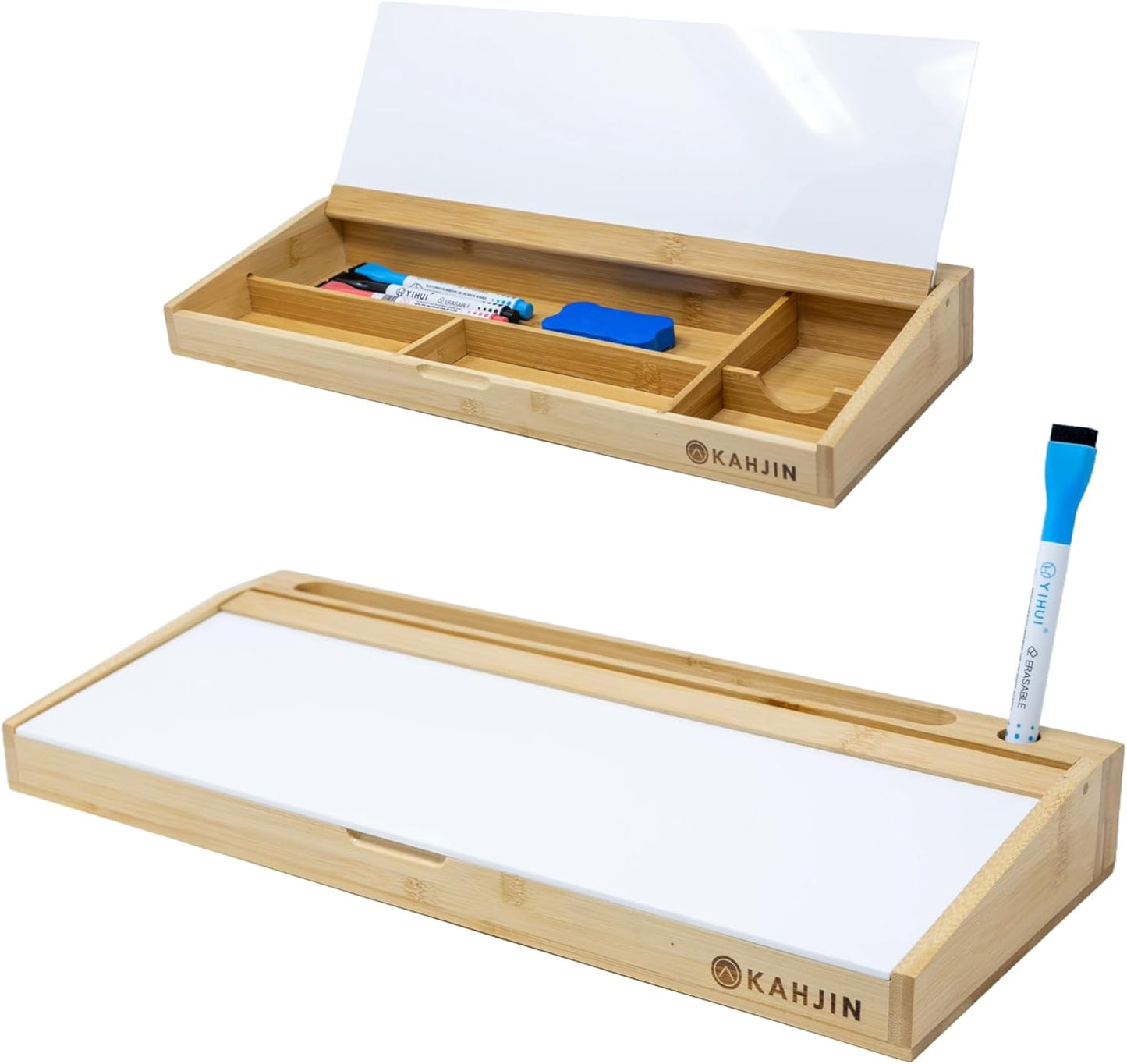 Desk Whiteboard with Storage - 16.2" x 6.7" x 2" with 3 Markers and 1 Eraser, Small Whiteboard for Desk - KAHJIN Natural Bamboo Dry Erase Board with Organizer for Office, Home, or School Essentials