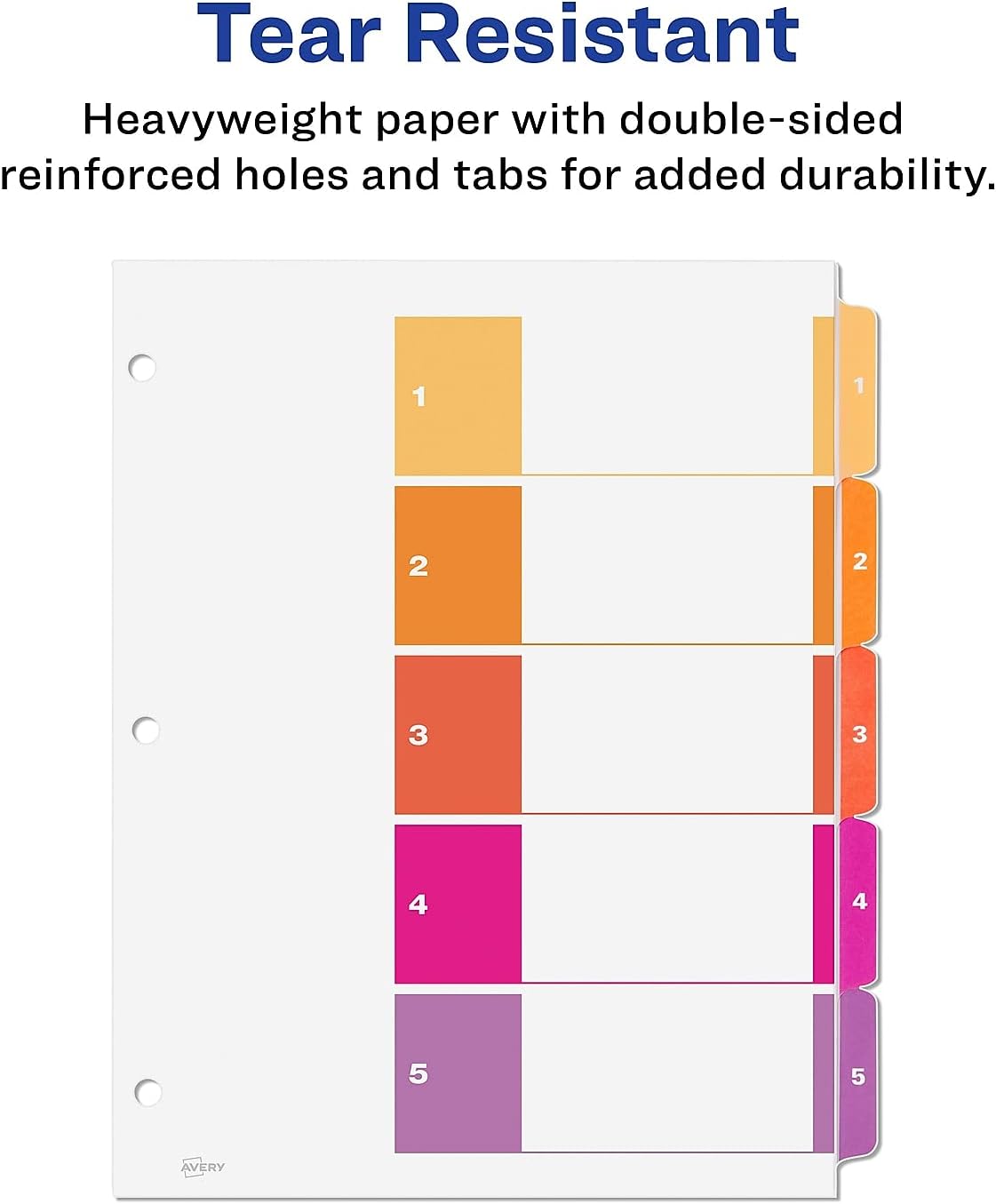 Avery 5 Tab Dividers for 3 Ring Binders, Customizable Table of Contents, Multicolor Tabs, 24 Sets (11167)