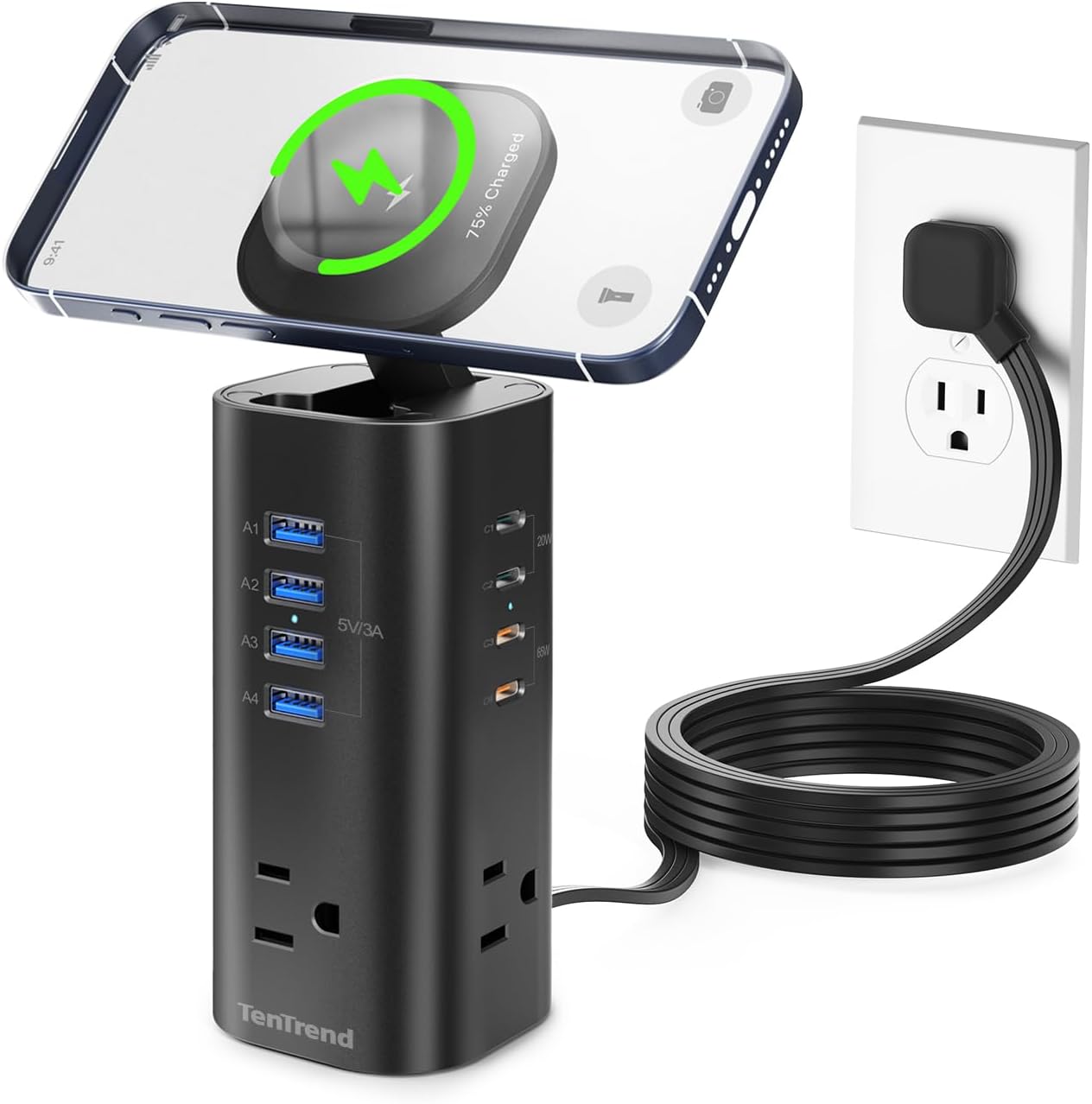 Flat Plug Surge Protector Tower, TenTrend Power Strip Tower with Surge Protection, 3 AC Outlets & 8 USB Ports, 5FT Extension Cord, 115W Total Fast Charging Station for Multiple Devices