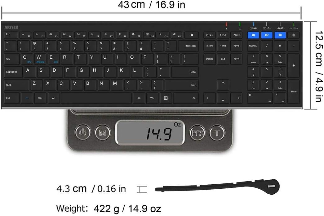 Arteck HB192 Universal Bluetooth Keyboard Multi-Device Stainless Steel Full Size Wireless Keyboard for Windows iOS Android Computer Desktop Laptop Surface Tablet Smartphone Rechargeable Battery
