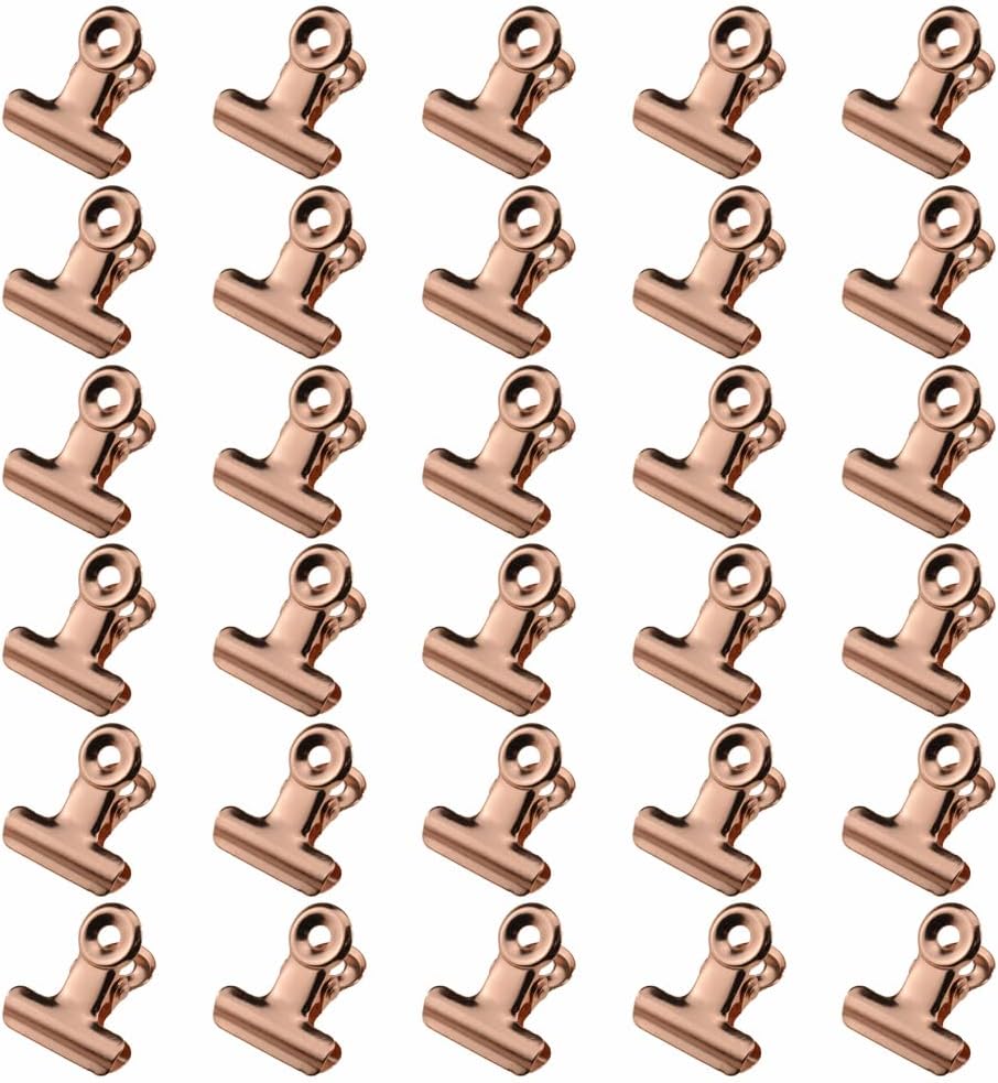 HAHIYO 0.87inch Rose Gold Bulldog Clips Metal File Hinge Binder Clips Clamps Save Space Strong Spring Jaws Rock Solid Grip Book Lay Flat Deburred Edge for Hang Photos Wall Grid Dog Food 30PCS