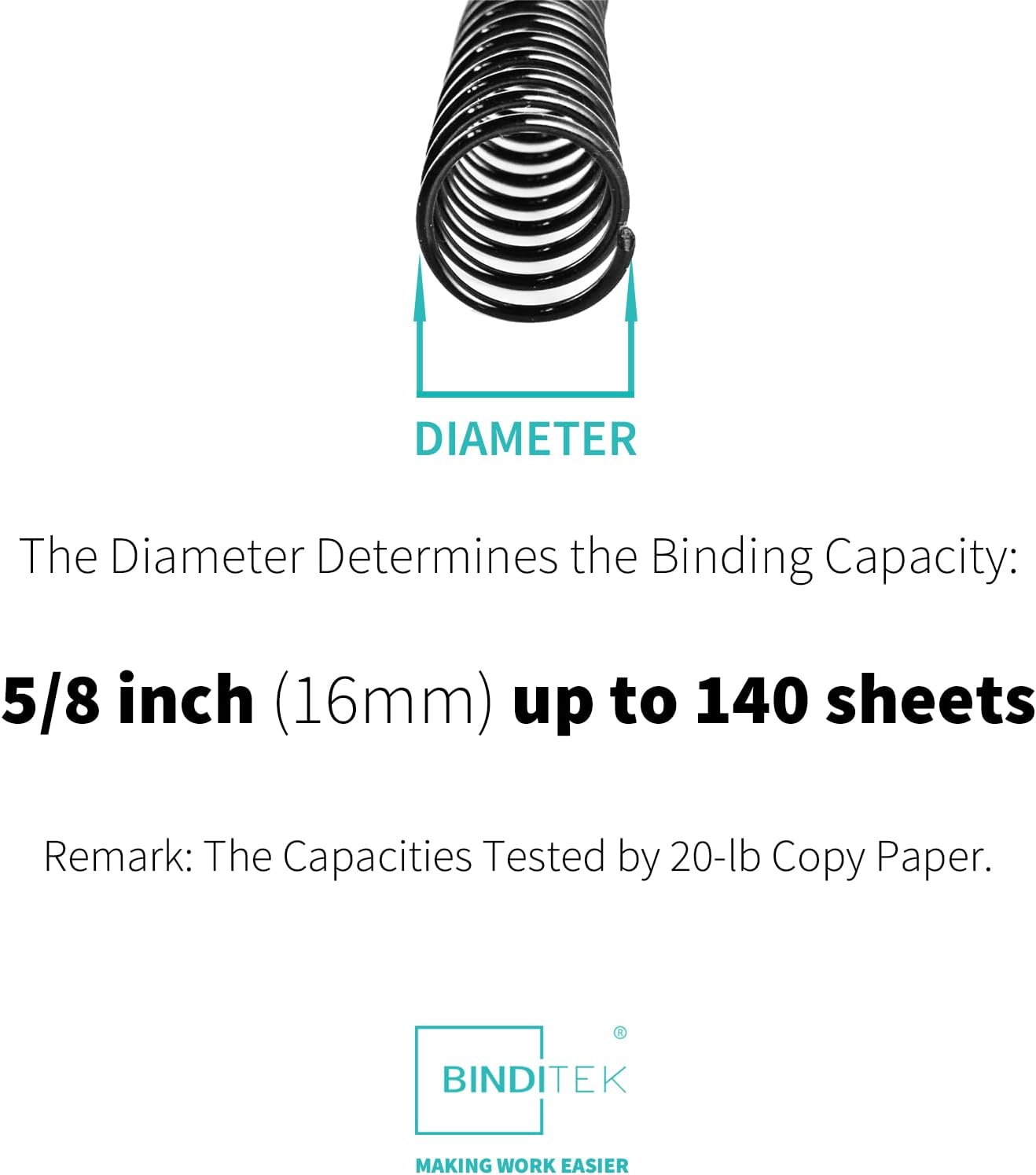 Binditek 50 Pack Plastic Spiral Binding Coils, 16mm(5/8"), 140 Sheet Capacity, 4:1 Pitch, Black, 48 Loops, for Letter Size, for Students and Coworkers