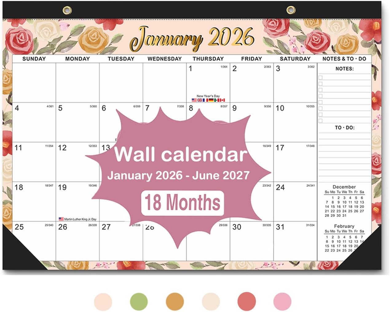 2026-2027 18-Month Large Desk Calendar with 2 Stickers & Hanging Rope - 17"x12" Watercolor Floral Desktop or Wall Calendar | Holiday Marks & Year Countdown | for Office, Homeschool, Teacher Planning (Jan 2026 - Jun 2027)