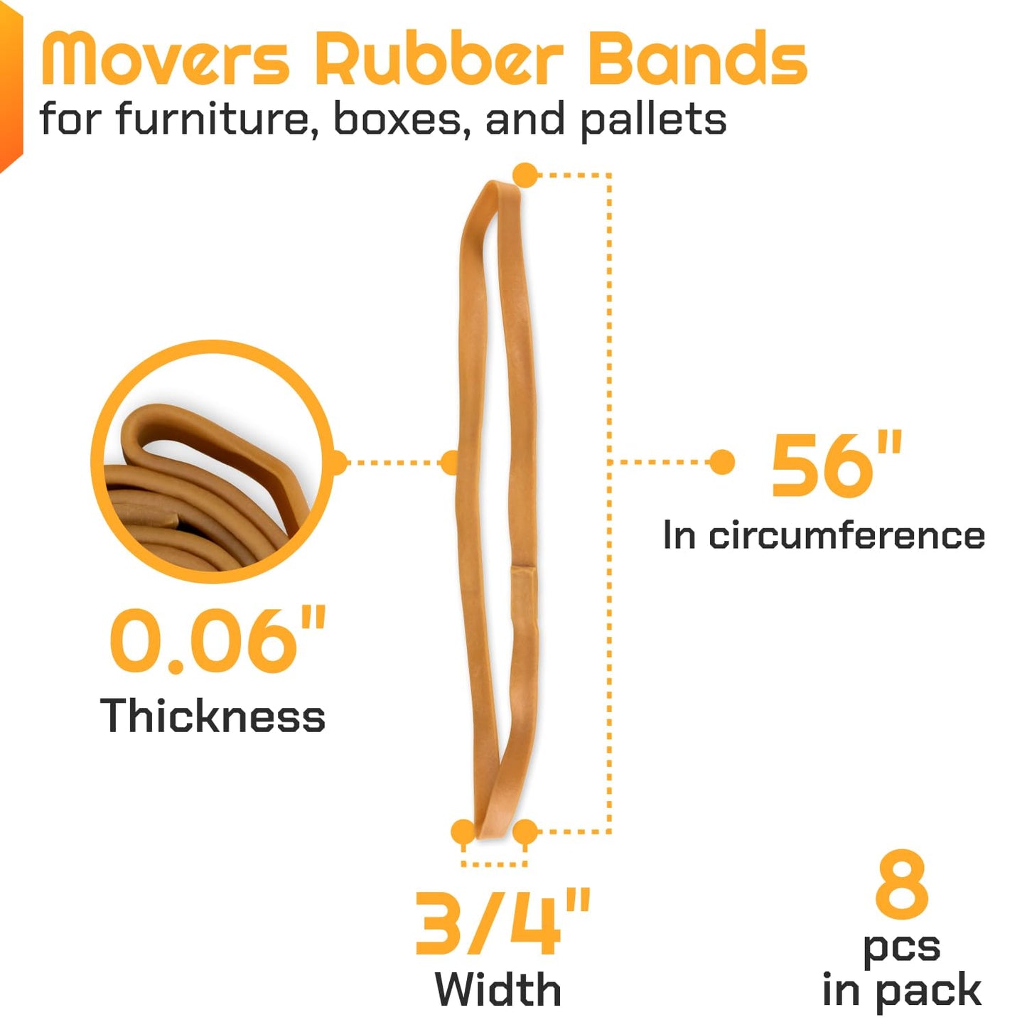 IDL Packaging 56" Strong, Elastic & Flexible Rubber Bands, Pack of 8, Beige - 2X Elasticity, 80% Natural Rubber - Extra Strong Mover Bands for Furniture, Boxes, Moving Blankets