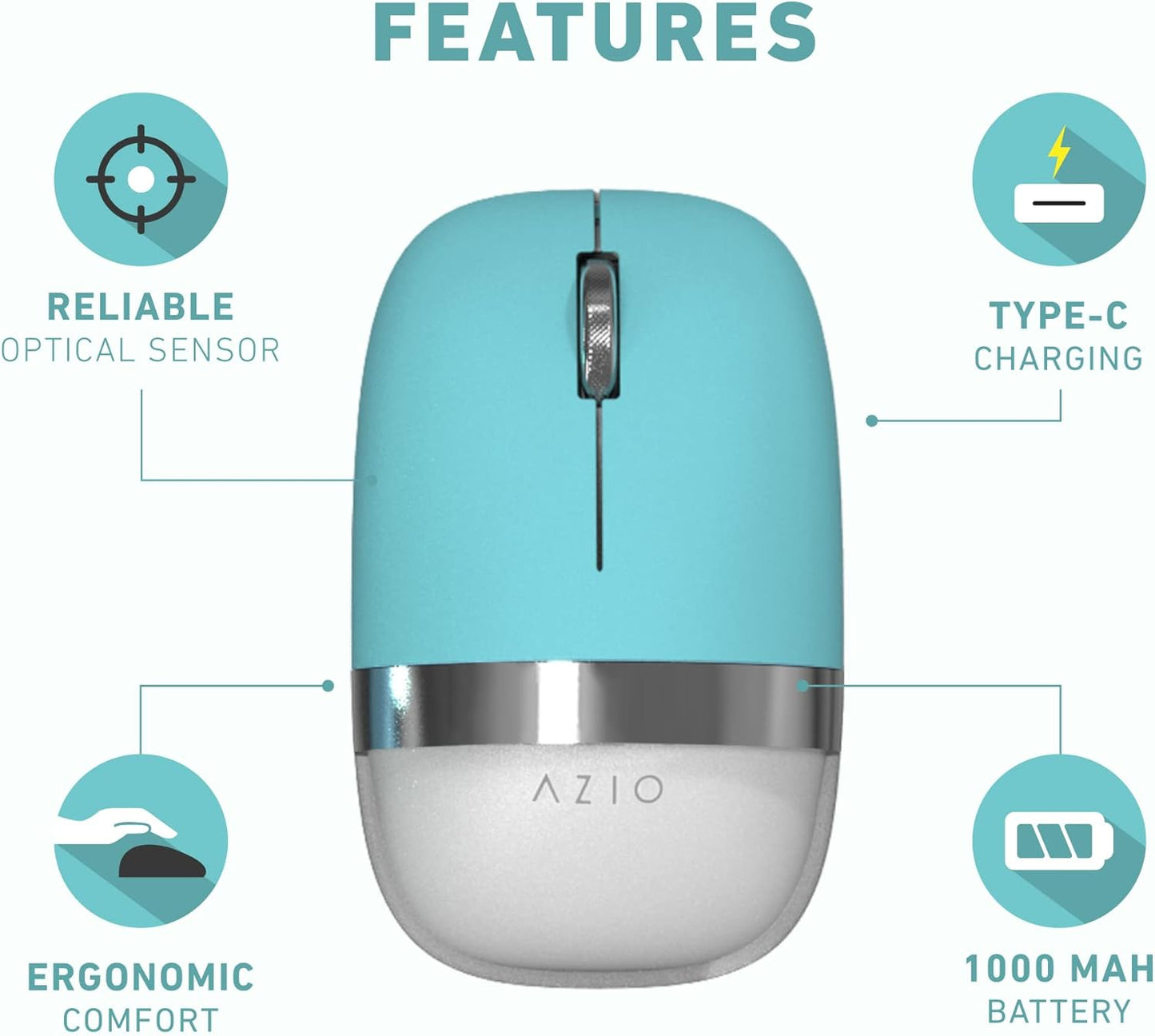 Azio IZO Wireless Optical Mouse - Bluetooth 3.0 & 5.0/2.4G RF-USB, Ambidextrous Design, PixArt PAW3212 Sensor, 1000/1600/2400 DPI, Rechargeable, PC & Mac