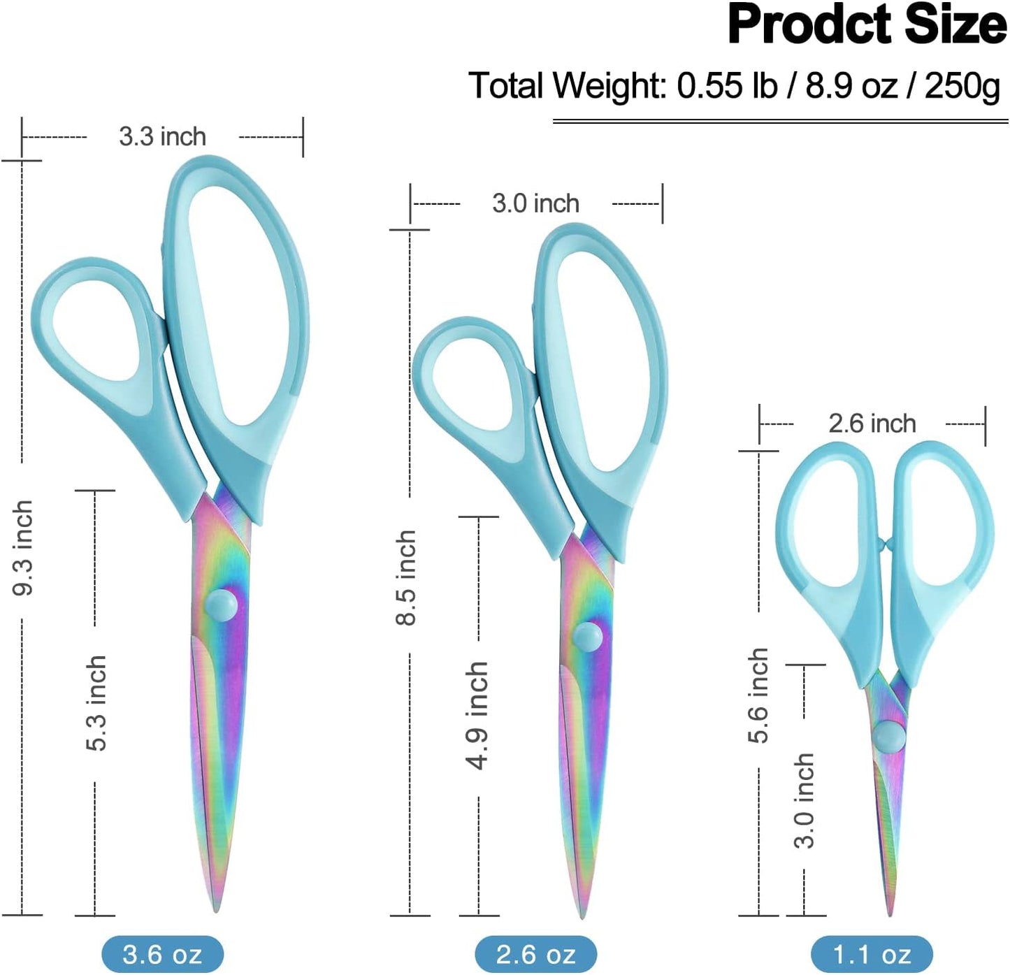 Craft Scissors, All Purpose Sharp Titanium Blade Shears, Comfortable Grips, School Scissors Set of 3 pack, Ideal for Office, Home, Sewing, Fabric, Kitchen, Arts and DIY Supplies, 9.3"/8.5"/5.6", Blue