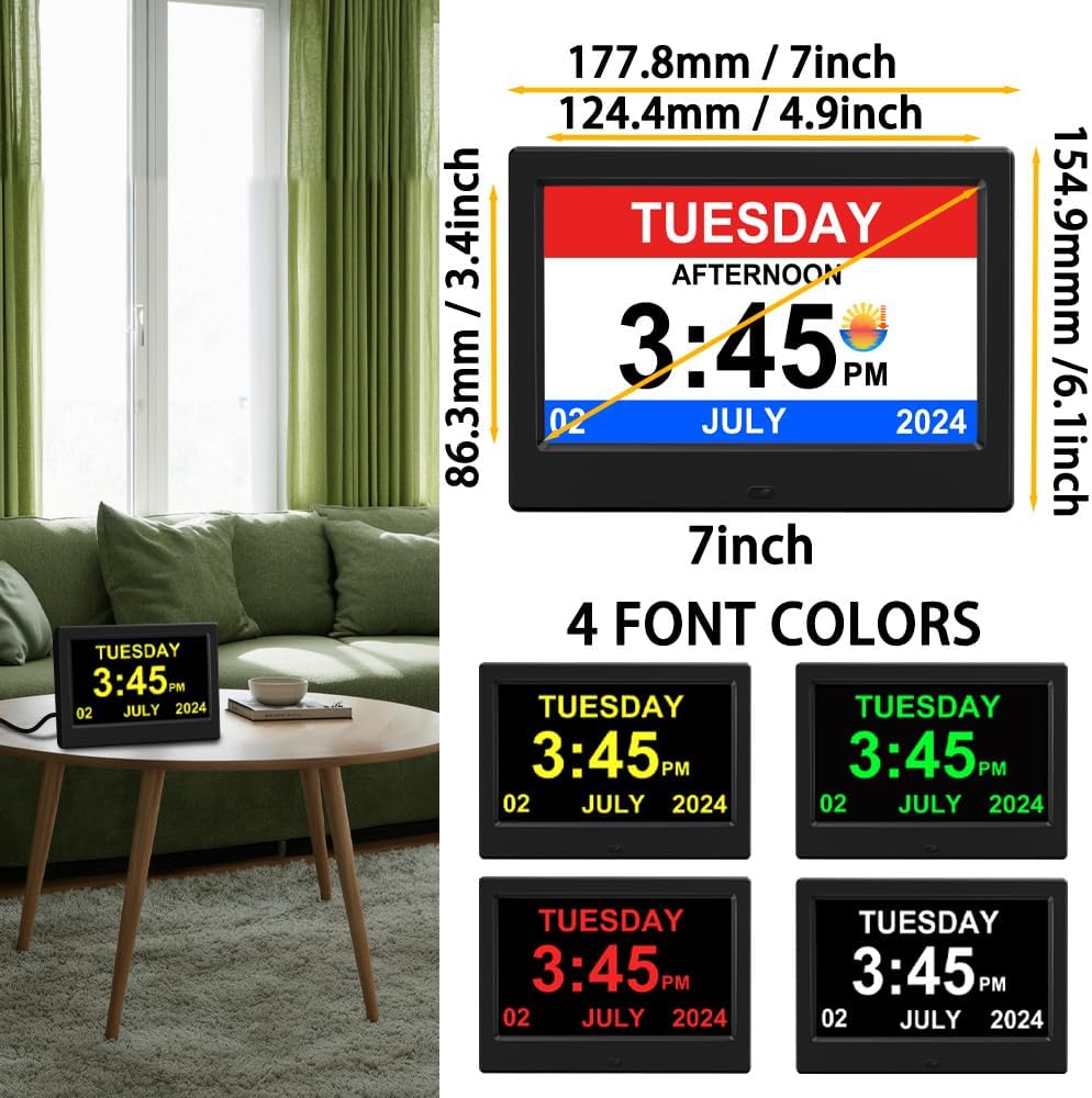 Alarm Clock with Day and Date for Elderly Digital Calendar Clock Photo Frame- Auto Dimmable Display 15 Alarm Options (7inch Black)