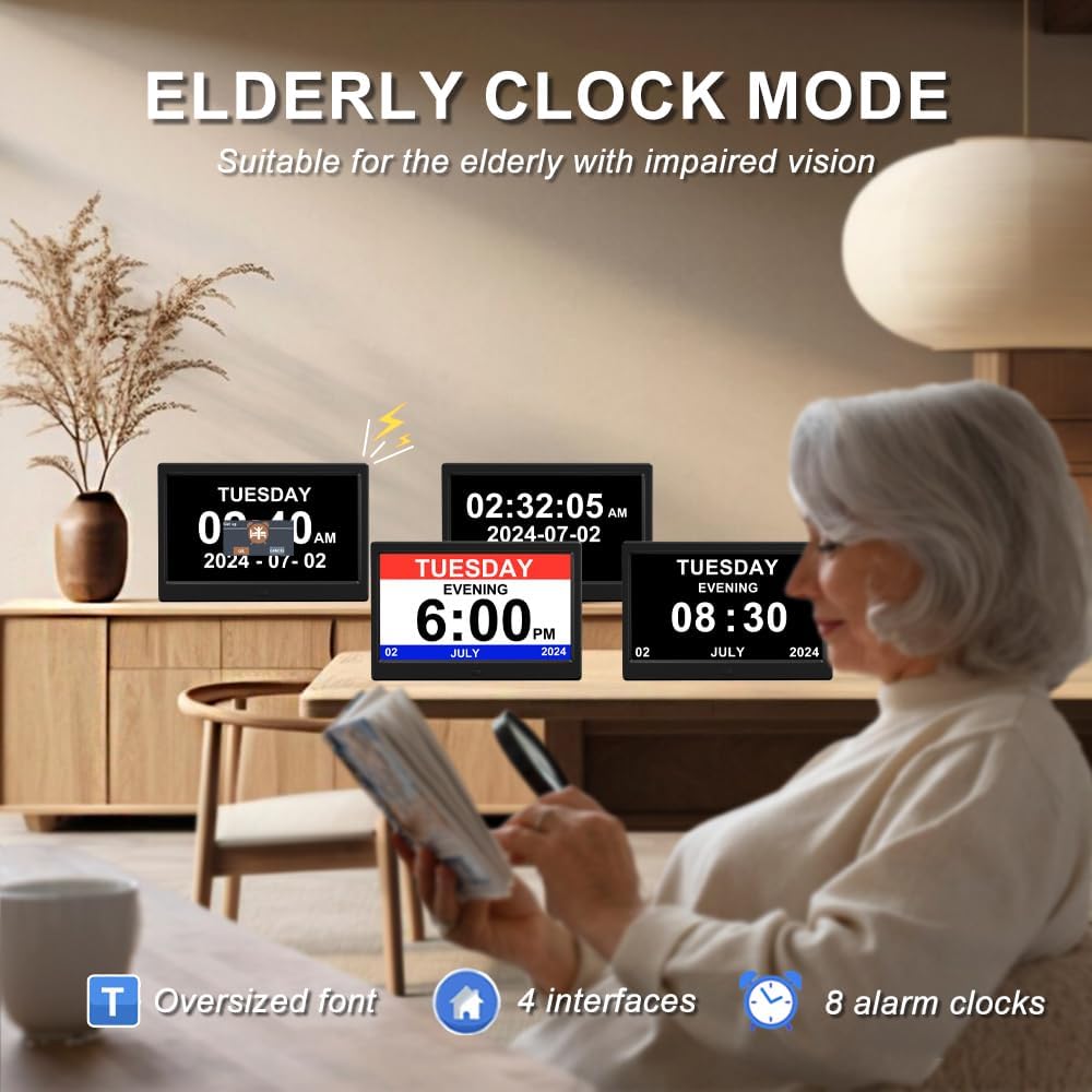 Digital Alarm Clock with Date and Time for Elderly Digital Calendar Clock Photo Frame- Auto Dimmable Display 15 Alarm Options (10.1 inch/Black)