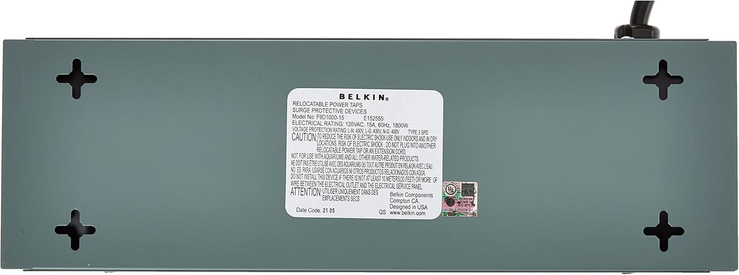 Belkin Power Strip Surge Protector - 10 AC Multiple Outlets, 15 ft Long Heavy-Duty Metal Extension Cord with Wall Mount Holes for Home, Office, Travel, Computer Desktop, Laptop & Phone Charging - 5PK