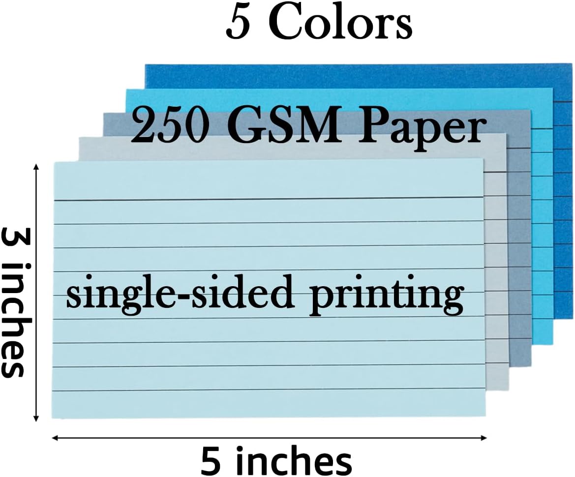 100 Sheets 3x5 Colored Ruled Note Cards Index Cards, 250 GSM Heavy Flashcards, 5 Blue