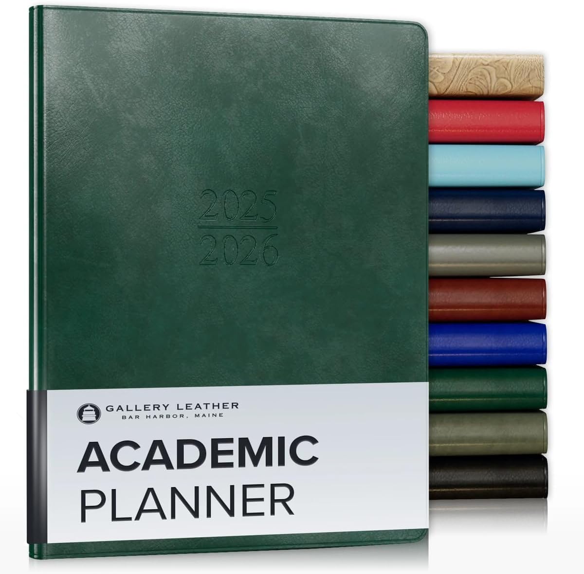 Gallery Leather Academic Planner 2025-2026, Teacher and Student Weekly Monthly Planner, Elegantly Bound Calendar with Gold-Gilded Page Edges, 18 Months - Acadia Green - 9x7"
