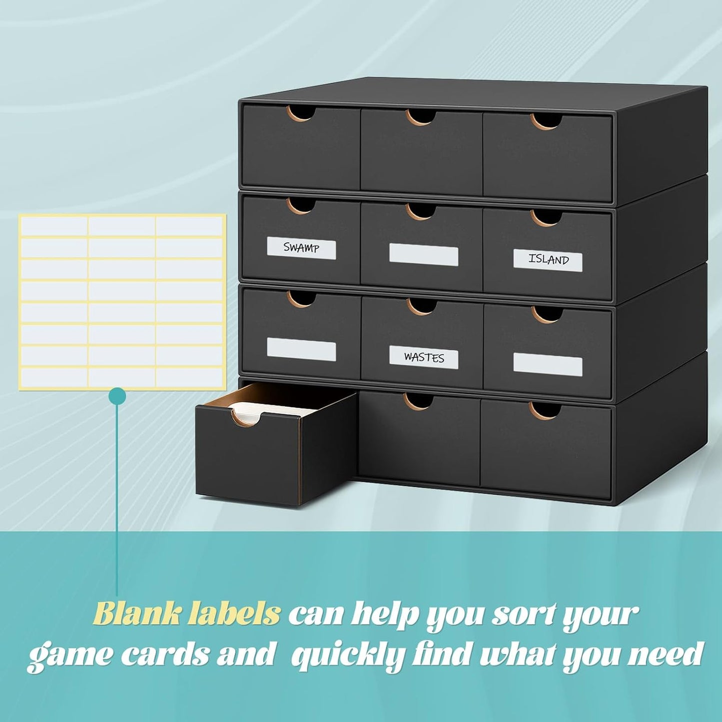 Cholemy Trading Card Storage Box 15000+ with 70 Cardboard Storage Divider, Label Sticker for Collection Compatible with TCG, Sport Cards(4 Row, 3 in A Row,Black)