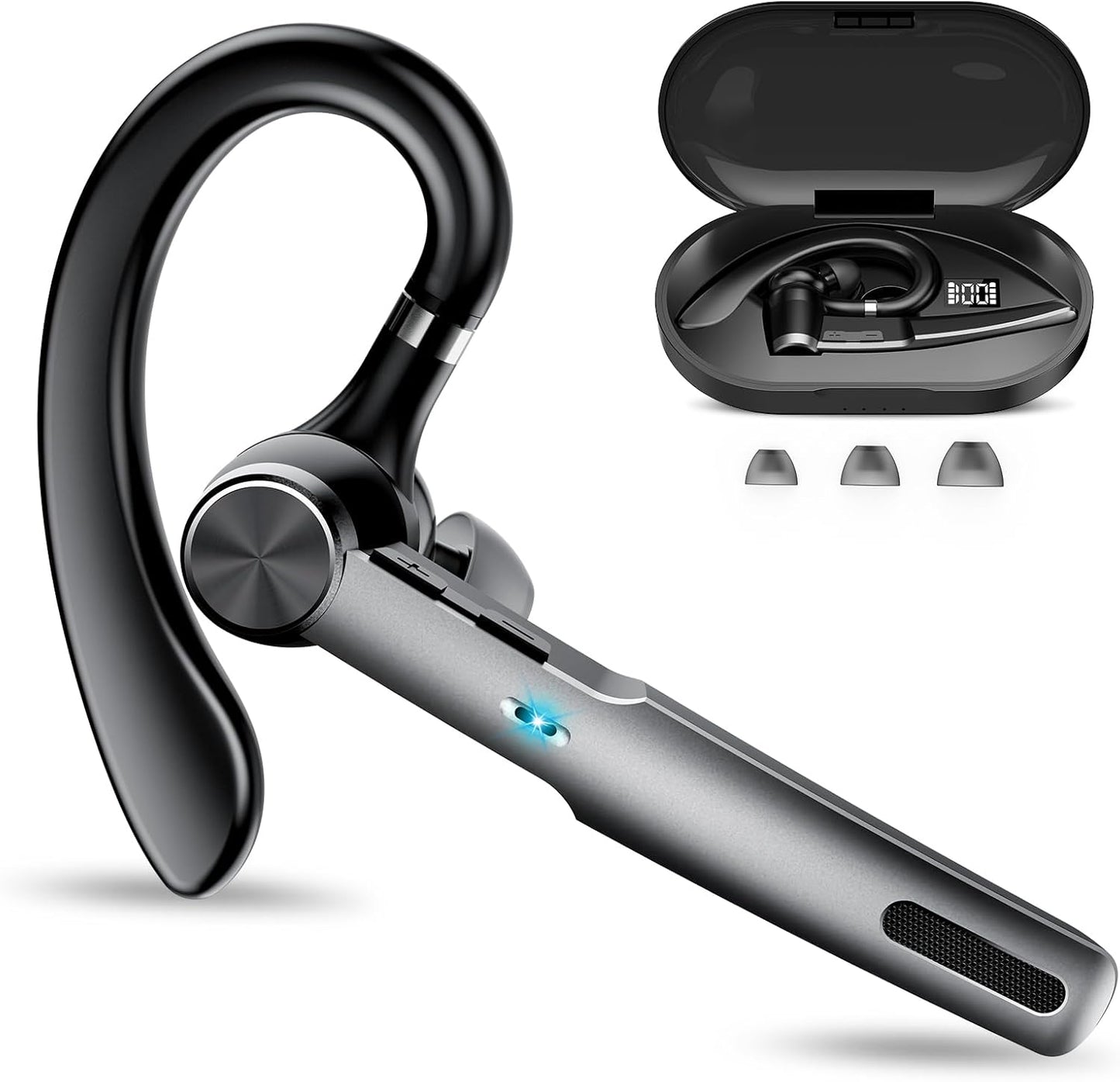 Bluetooth Headset, Wireless Headset with ENC Mic, 60H Talking Time Single-Ear Bluetooth Earpiece V5.3 with Large Charging Case, IP7 Waterproof Hand-Free Headphones for IOS Android Cellphones Black