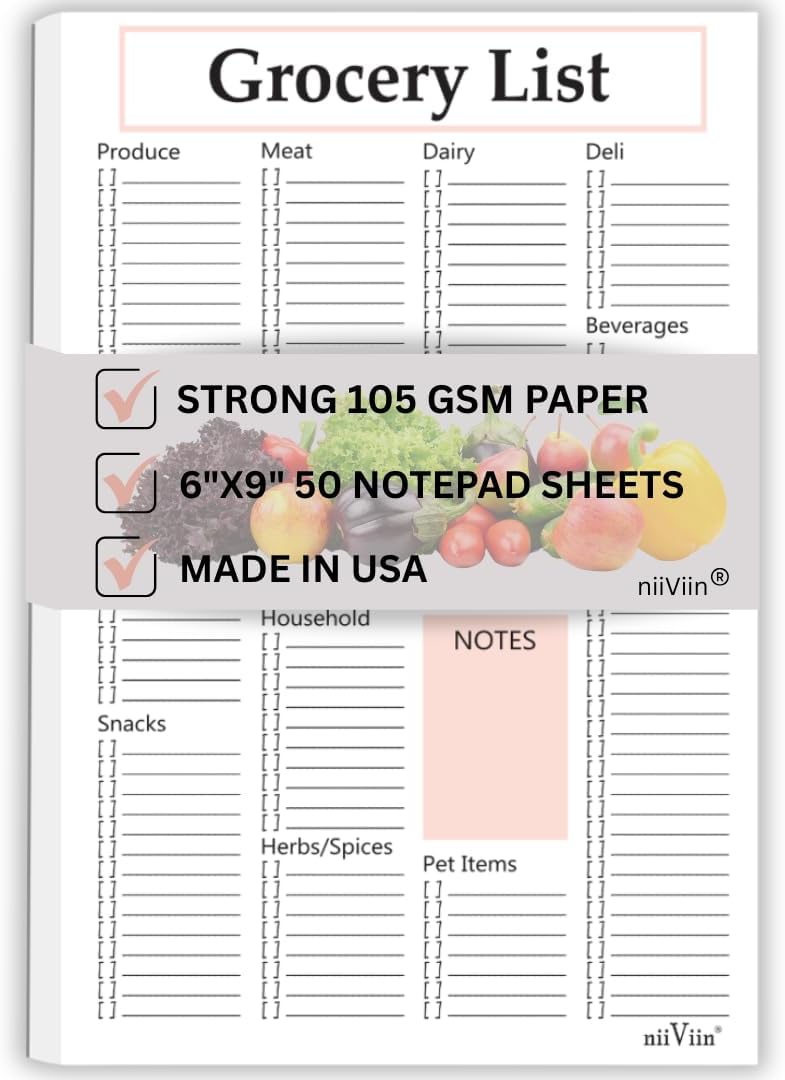 Grocery Shopping List Notepad - 6"x9" Grocery Checklist with Categories and Notes, Thick 105 GSM Paper, 50 Sheets, Easy Tear-Off and Take with You Pad for Food, Household, Pet, and Other Items