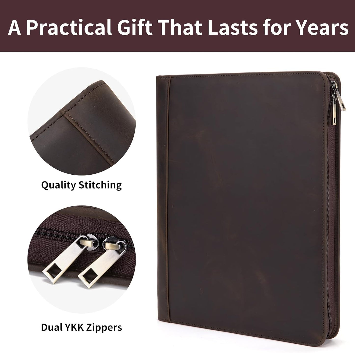 Genuine Leather Portfolio for Women and Men, 8.5 x 11 Legal Pad Padfolio, Zippered Notebook Organizer for 13” Laptop, Business Executive Professional Folio for Work, Dark Khaki